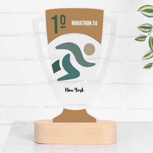 Wanapix | Coppa Trofeo Personalizzabile con Nome | Trofeo Sportivo | Coppa Personalizzata | Plexiglass | Base in Legno Naturale | Corridore