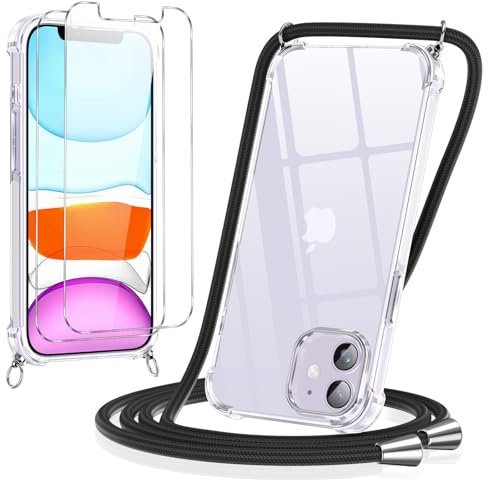 Pnakqil Handykette Hülle für iPhone 11 Hülle mit Band + 2 Stück Glas Schutzfolie Transparent Silikon Handyhülle mit Kette Schutzhülle für iPhone 11 Schwarz