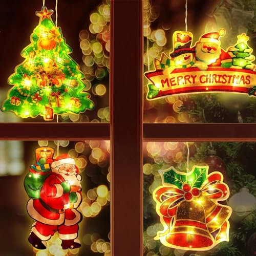 Lecone 4 Pezzi Luci Natale LED Luci Finestra Natale, Lampada a Ventosa per Natale, Luci Ventosa Natale,Luci di Natale a Led Luce a Sospensione per Decorazione Finestra per Natale