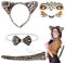 XIEXIESHER Leopard Kostüm Set, 4pcs Tier Stirnband Fliege, Schwanz Leoparden Ohren, Gesicht Kunst Aufkleber Kostüm Damen für Karneval Fasching Halloween Party