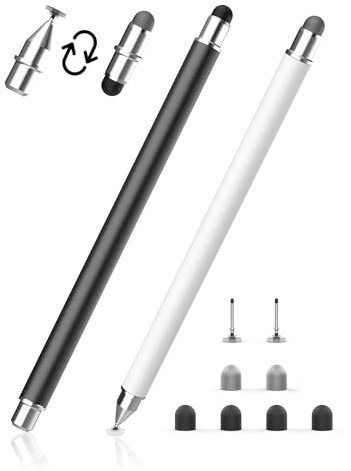 MEKO Stylet Tactile Magnétique 3-en-1 Stylet pour Tablette avec Embout en Fibre, Caoutchouc et Disque, Compatible avec Tablettes/Téléphones comme iPhone/iPad/Samsung/Huawei/Xiaomi - Noir + Blanc
