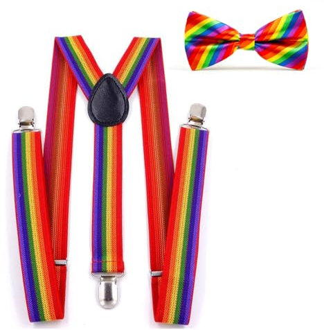 JEXOWIQ 2 pcs Regenbogen Hosenträger Fliege Set, Y-Rücken-Stil Verstellbar Elastisch mit Metallclips Unisex für Pride, gay Stolz Veranstaltungen, Sommer und Festival Cosplay Party