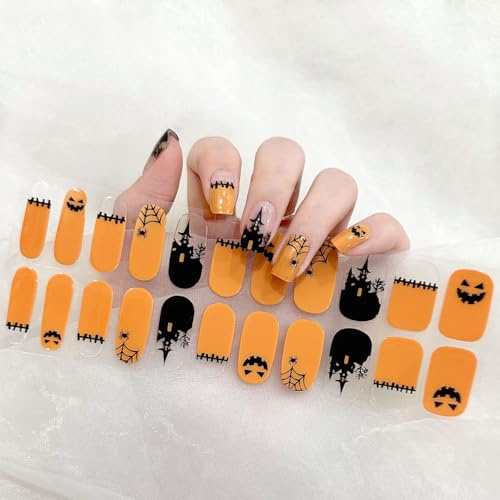 Halloween Strisce di Smalto in Gel Semicure, 22pcs Adesivi per Smalto per Unghie Full Wraps Lampada UV/LED Adesivi per Unghie in Gel Curati per Donne Ragazze Unghie Arte DIY - Castello Infestato