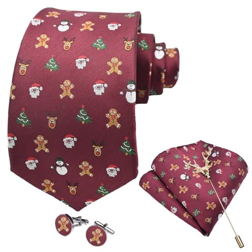 LIEOLGOH Weihnachts Krawatte für Herren Weihnachts Klassisch Muster Xmas Party Festlich Krawatten mit Einstecktuch Manschettenknöpfe Brosche Set