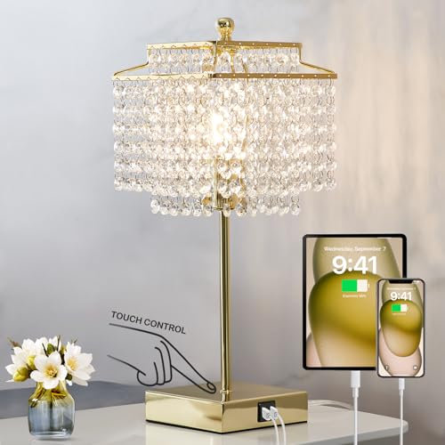 GyroVu Lámpara de Mesa de Cristal, Lámpara Táctil con Puertos USB C+A, Lámpara de Noche Regulable para Mesilla de Noche, Dormitorio, Salón, Bombilla Incluida (Dorado)