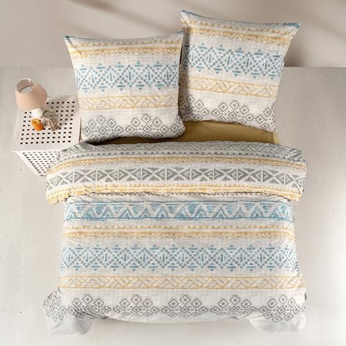 ZIRVEHOME Bettwäsche 200x220 Baumwolle 3-teilig Bunt Bettwäsche warm und Kuschelig Baumwolle Bettbezug 200x220 cm. mit Kissenbezug 80x80 cm. Mosaik-Design in Blau, Orange und Grau. Arnetti