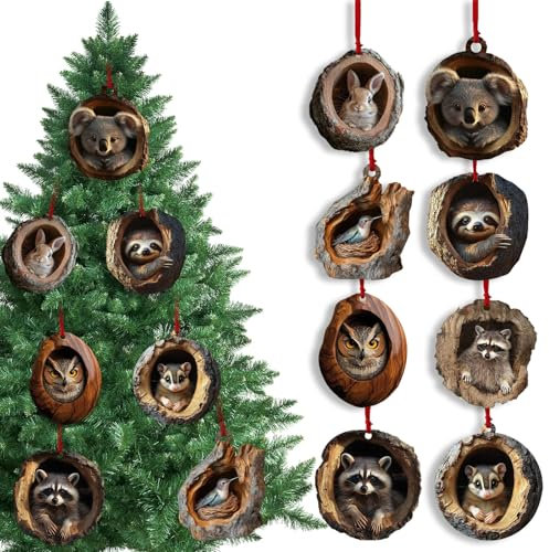 Ajuanbazha 8 Stück Weihnachten Acryl Tier Dekor, 2D Tier Weihnachtsbaum Anhänger, Weihnachtsbaumschmuck Eule, Waldtier Deko für Wohnzimmer und Schlafzimmer