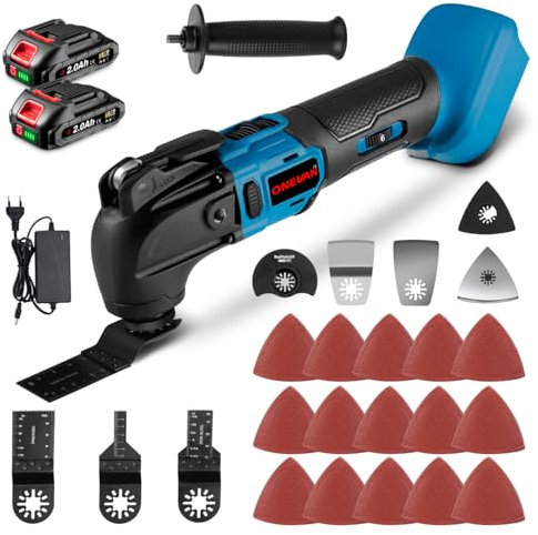 ONEVAN Akku Multifunktionswerkzeug, 6-Gang Multitool Werkzeug, 4° Oszillationswinkel, Bürstenlos Oszillationswerkzeug zum Schleifen, Polieren, mit 22 Zubehör，Zusatzhandgriff，2 * 2.0Ah Akkus