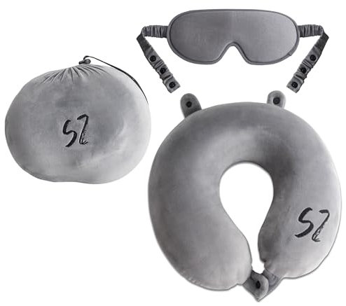 Snooze Zone - 2in1 Nackenkissen Flugzeug Mit Augenmaske, Einzigartiges Reisekissen Flugzeug, Memory Foam Reise Gadgets, Leicht Zu Verstauen Nackenkissen, Praktisches Nackenhörnchen - Grau