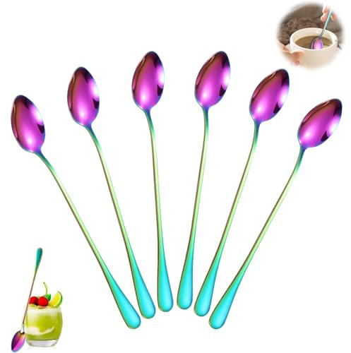 Latte Spoons Long Handle Teaspoons, Set of 6 Stainless Steel Coffee Spoons, 20 cm Ice Cream Spoon for Coffee Tea Dessert Sundae Cool Drinking Rainbow