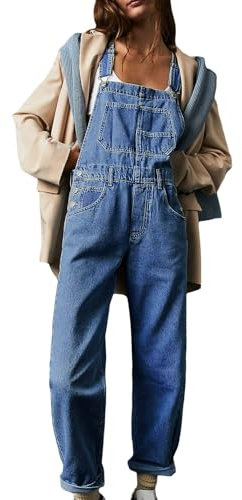 Sukany Women's Casual Denim Jean Overalls Loose Adjustable Straps Baggy Dungarees Bib Romper Jumpsuit Harem Pants Dark Blue S