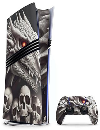 PS5 Pro Skin Aufkleber Set, Vinyl-Schutzfolie für Playstation 5 Pro Konsole und Controller, Matt, Passgenau (Dragon Skull, PS5 Pro mit Disk)
