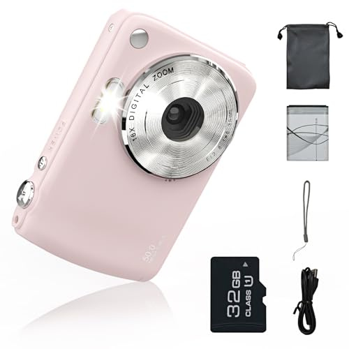 Digital Camera for 50MP FHD 1080P, Digital Point and Shoot Camera with 16X Zoom Anti Shake, Indoor&Outdoor Travel Compact Small Cameras Gift for Boys Girls Kids Camera with 32GB Card, Pink