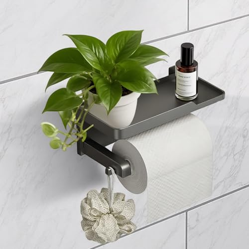 Porte Rouleau Papier Toilette en PP, Support Papier Toilette Mural Auto-adhésif avec Tablette, Derouleur de Haute qualité pour Salle de Bain et Cuisine, sans Perçage, Noir