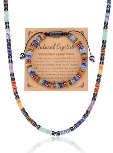 GEHECRST 7 Chakra Heilsteine Kette mit Chakra Armband Set Natürliche Edelstein Halskette Yoga Armband Healing Reiki Energietherapie Glückbringen Edelstein für Damen Herren