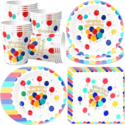 pekifaves Bunte Geburtstag Partygeschirr Set, Happy Birthday Kindergeburtstag Pappteller Tassen Servietten, 16 Gäste Geschirr Set Männer Frauen Kinder Geburtstag Deko Luftballon Motiv Weiß
