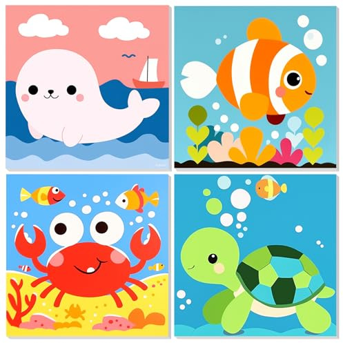 MEIYUDA Lot de 4 Peinture par Numero Enfants avec Cadre Animaux, DIY Vie marine Peinture à l'huile par Numéros Enfants Âges 4-6-12, Pinceaux de Dessin Pigment, Decoration Maison Cadeau 20x20cm