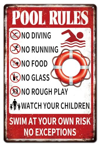 GLOBLELAND Pool Rules Warning Metal Tin Sign Swim At Your Own Risk Vintage Painting Tin Signs 12x8inch Retro Wall Art Plaque Poster for Swimming Pool Water Park Beach Decor