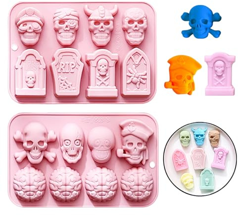 CUVZORA 2 Stück Halloween Silikonformen, TotenkopSilikonformen, Gießformen Pralinenform für Schokolade, Kuchen und Backen, Backform für Halloween Partys, Familienaktivitäten, DIY Projekte (Rosa)