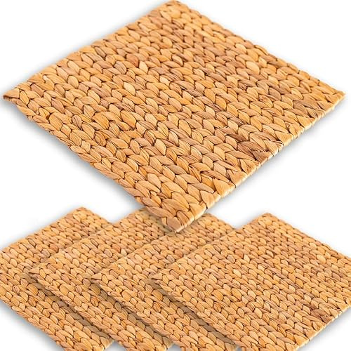 Water Hyacinth Square Placemats Set of 4, Large 13.4 Inch Woven Table Mats for Dining Table, Natural Rattan Wicker Plate Chargers, Handmade Boho Place Mats for Christmas Dinner, 34cm