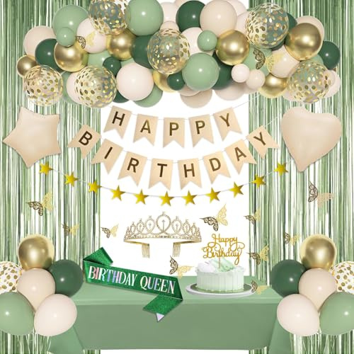 BlueCloudy Grüne Geburtstagsdeko Frauen Geburtstag Deko Grün Luftballons | Nude Elfenbein Salbei Grün Folie Ballons Tischdecke Schärpe Krone Fransen Vorhänge Banner Girlande für Frau Decorations