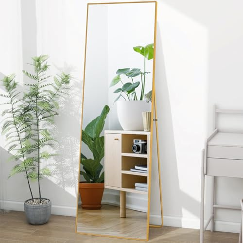 Lazyspace Ganzkörperspiegel, 164 x 54 cm, Gold HD Standspiegel mit Rahmen aus Aluminiumlegierung, Hartglas Wandspiegel, Boden großer Spiegel für Schlafzimmer, Garderobe, Wohnzimmer, Ankleidezimmer