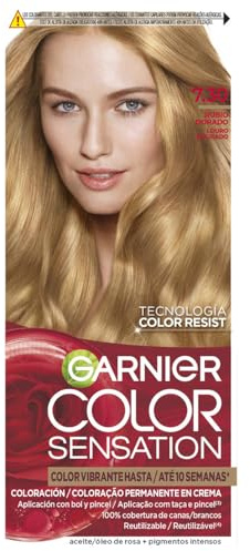 GARNIER - Pack 4 Color Sensation Tinte Permanente 7.3 Rubio Dorado, Color Intenso y Brillo Espejo, Cobertura 100% de Canas con Aceites Florales