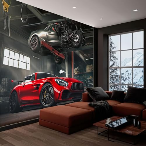Papel Pintado Pared 3D Papel Tapiz Taller Reparación Coches Industriales Deportivos Gris, Fotomurales 300x210 cm Tv Fondo Pared Dormitorio Murales Moderno Decoración Comedores Salones Habitaciones