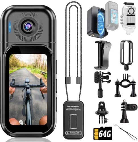 VITUZONE 64GB Thumb POV Camera, 1080P Mini Action Camera with 1.47 Screen, Portable Small Body Camera Chest Wearable Video Recorder for Motorcycle Bike Cycling, Pet, Vlogging, Skiing