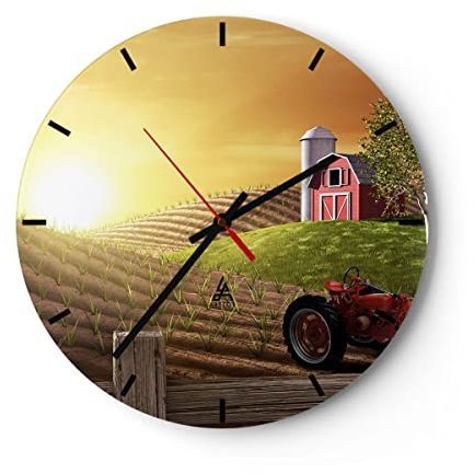 Modern Wanduhr Morgen Bauernhof Feld Plantage 40x40cm Rund Groß Wand Uhr Glas Analog Zimmeruhren Küche Büro Wohnzimmer Glasuhr Wall Clock Dekoration Design Wanddekoration Küchenuhr C3AR40x40-2639