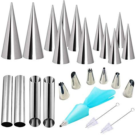 26 Stück Cannoli Backform Set, Woohome Backen Edelstahl Rolle Horn Formen Konische Dänische Gebäck Croissant Kegel Formen mit Vereisungsdüsenspitze und Reinigungsbürst