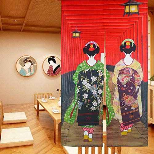 LIGICKY Japanische Noren Lang Vorhang Türvorhang Tapisseri Fliegen Insektenvorhang Raumteiler 85 x 150 cm ,Rot(Kyoto-Geisha-Mädchen am Fushimi Inari-Schrein)