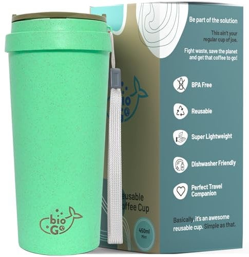 bioGo 450ml Mint Travel Coffee Cup - Reusable Mug With Lid for Hot Drinks - Coffee Tumbler/Travel Cup With Lids