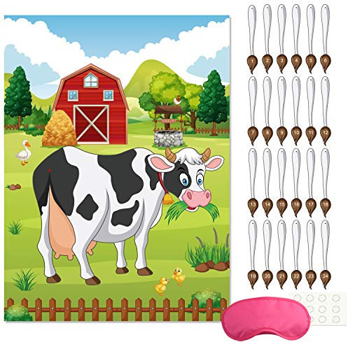 FEPITO Pin The Tail auf der Kuh Geburtstagsfeier Spiel mit 24 Stück Schwänze für Dekorationen, Kinder Geburtstagsfeier Dekorationen
