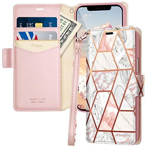 Fingic for iPhone 12 Pro Max Case Wallet[with 2 Card Holder Slot] Marble with Detachable Wrist Strap PU Leather Magnetic Closure Slim Fullbody Protective Flip Case for iPhone 12 Pro Max,6.7 2020
