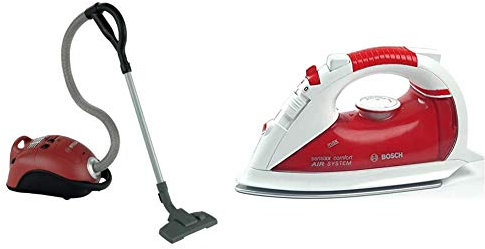 Theo Klein 6828 Bosch Staubsauger I Originalgetreuer Nachbau I Mit batteriebetriebener Saug-und Soundfunktion I Maße: 19 cm x 25 cm x 74 cm & 6254 - Bosch Bügeleisen, Spielzeug