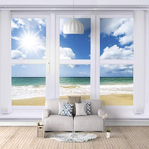 HDEOFR Fototapete Selbstklebend 3D Effekt Weiße Fenster Mit Meerblick Wandtattoo 250X175cm Wandbilder Wohnzimmer 3D Wandtapete Fotohintergrund Art Poster Schlafzimmer Flur Moderne Wanddeko
