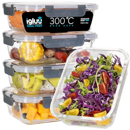 Igluu Meal Prep - Glasbehälter mit auslaufsicheren Schnappverschlüssen - luftdichte Aufbewahrung von Lebensmitteln. BPA-frei, mikrowellengeeignet, backofen- und spülmaschinenfest 1050ml (3er Pack)