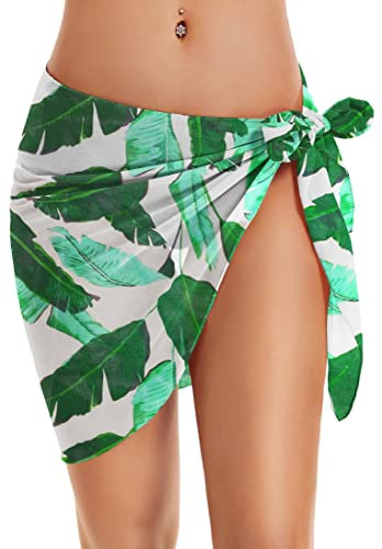 Badeanzug Coverups für Frauen Sarong Strand Bikini Wrap Sheer Kurzer Rock Chiffon Schal für Bademode, Grüne Banane mit Blattdruck, XX-Large