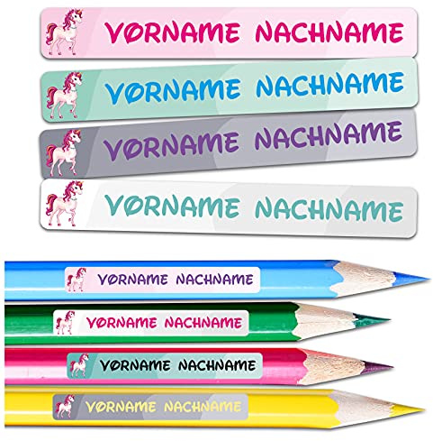 60 x Namensaufkleber Wunschname personalisiert je 4,5 x 0,6 cm Aufkleber mit Kinder Name Beschriftung Stifte Schule Kindergarten Sticker selbstklebend (Nr. 35 Einhorn, Für schmale Oberflächen)