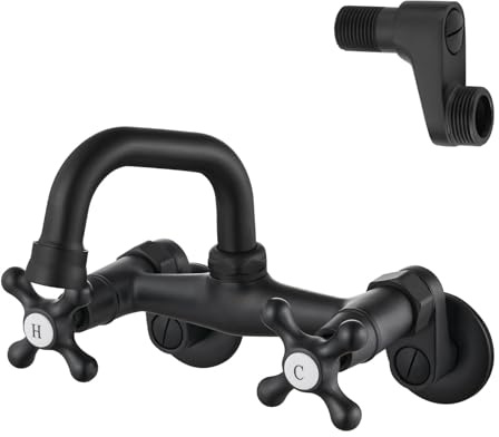 Airuida Küchenarmatur, Wandmontage, 10 cm, Mattschwarz | Um 360 ° drehbar, verstellbare Mitte, doppelter Kreuzgriff, Waschtischarmatur