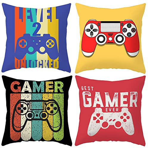 4 Stück Gaming Kissenbezug, Spielen Spieler Kissenbezug, Videospiel Kissenbezüge, für Dekoration von Videospielen Mottopartys, Sofas, Halloween, Weihnachten (45x45, 4 Stile)