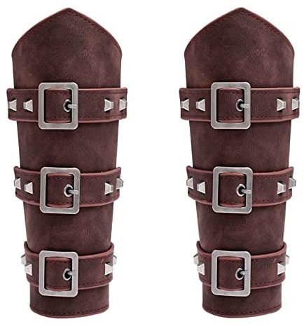 Thajaling 2 Stück Mittelalterliche Leder Armschützer, Punk Gothic Lederarmschienen, Vintage LARP Armbänder für Cosplay Reitkostüm (Braun)