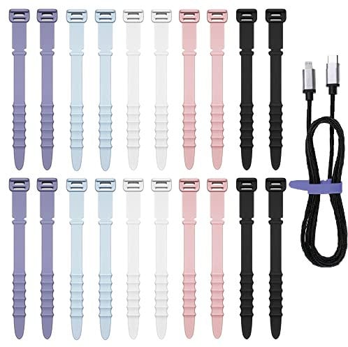 VIKKI 20PCS Adjustable Silicone Cable Ties, 4.5 Inch Elastic Cord Organizer Straps, Reusable Zip Ties for Charging, USB, Earphones