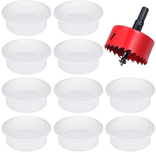 Hejo Schreibtisch Kabeldurchführung, 10 Stück 60mm Kabeldurchlass mit 1 Lochsäge Kabelabdeckung, Kabeldurchführung Tisch Rund für Tisch Büro Arbeitsplatten, Weiß