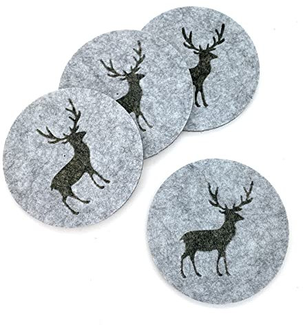heimtexland ® Tischdeko Filz Glasuntersetzer abwaschbar Landhaus Tischdekoration Gläser Untersetzer rund 10 cm Typ847 Hellgrau - Hirsch 4er Pack