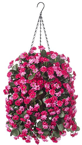 Ammyoo Artificial Flowers in Hanging Basket for Outdoors Indoors Decor, Artificial Mums Bush Flowers Plants with Baskets for Home Porch Garden Yard Patio Spring Summer Decoration (Rose Red)