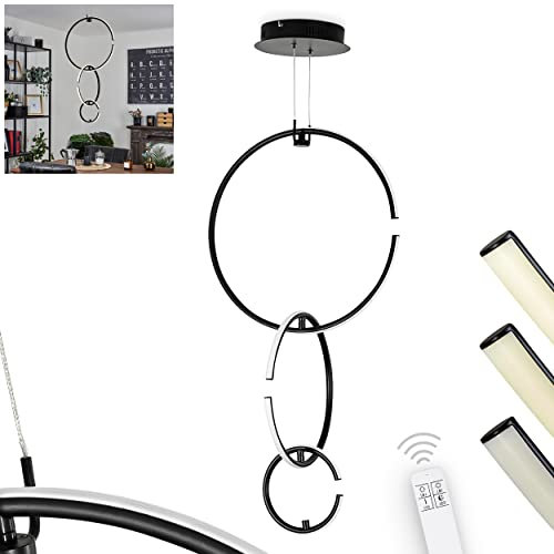 LED Pendelleuchte Chlak, dimmbare Hängelampe aus Metall/Kunststoff in Schwarz/Weiß, Hängeleuchte mit 3 verstellbaren Ringen, dimmbar über Fernbedienung, 21,5 Watt (insg.), 2100 Lumen, 4000 Kelvin