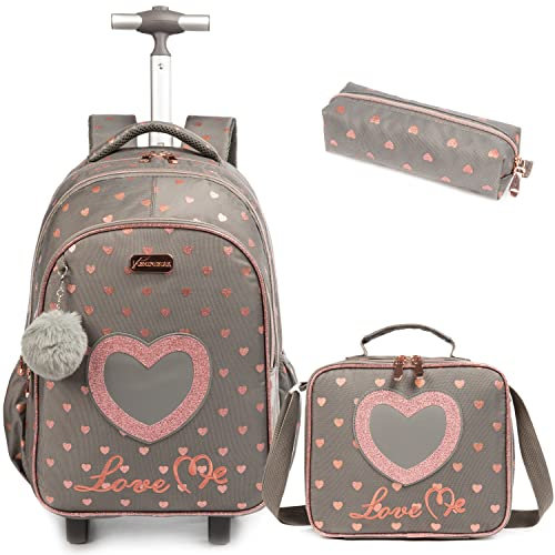 Egchescebo Mochilas Escolares con Ruedas Carro Niña Corazón Mochila Carrito para Trolley Escolar Bolso de Viaje Estuche Stitch Mujer Maleta Colegio Grande Medianas Infantil Niñas Estuche 17” 3pcs Café