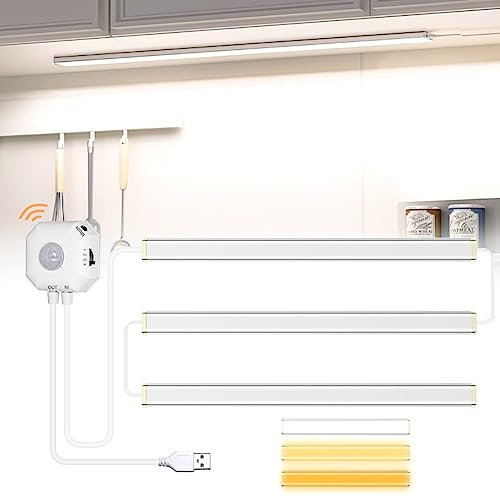 BIGFOX Led Armadio 3 Pezzi Luce con Sensore di Movimento Luce Armadio LED 30cm Led Sottopensile 102 LED 3 Colori Luce Notturna Striscia Led per Cucina Vetrine, Scale